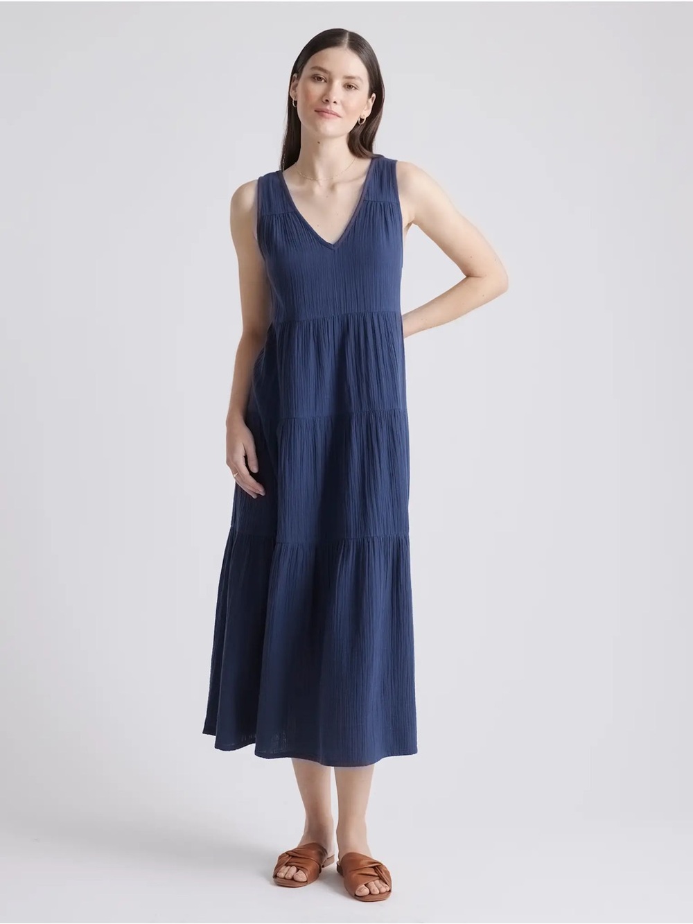 NWT Quince 100% Organic Cotton Gauze Navy Blue Tiered Maxi V-Neck Dress size S